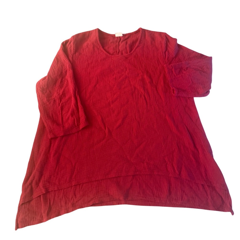 Et Lois Red Cotton Gauze Tunic Top 3/4 Sleeve High-Low Hem G2010 Plus Size 1X